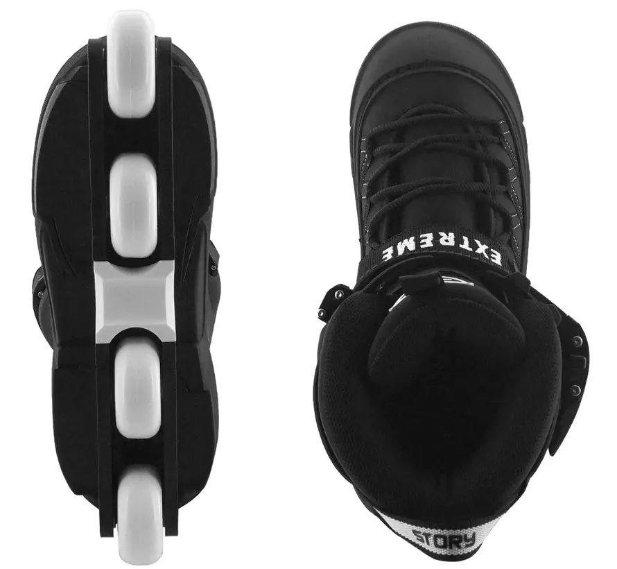 Patines en línea Story Aggressive negros: elegantes patines de acrobacias para principiantes con placa resistente al desgaste y marco de plástico.