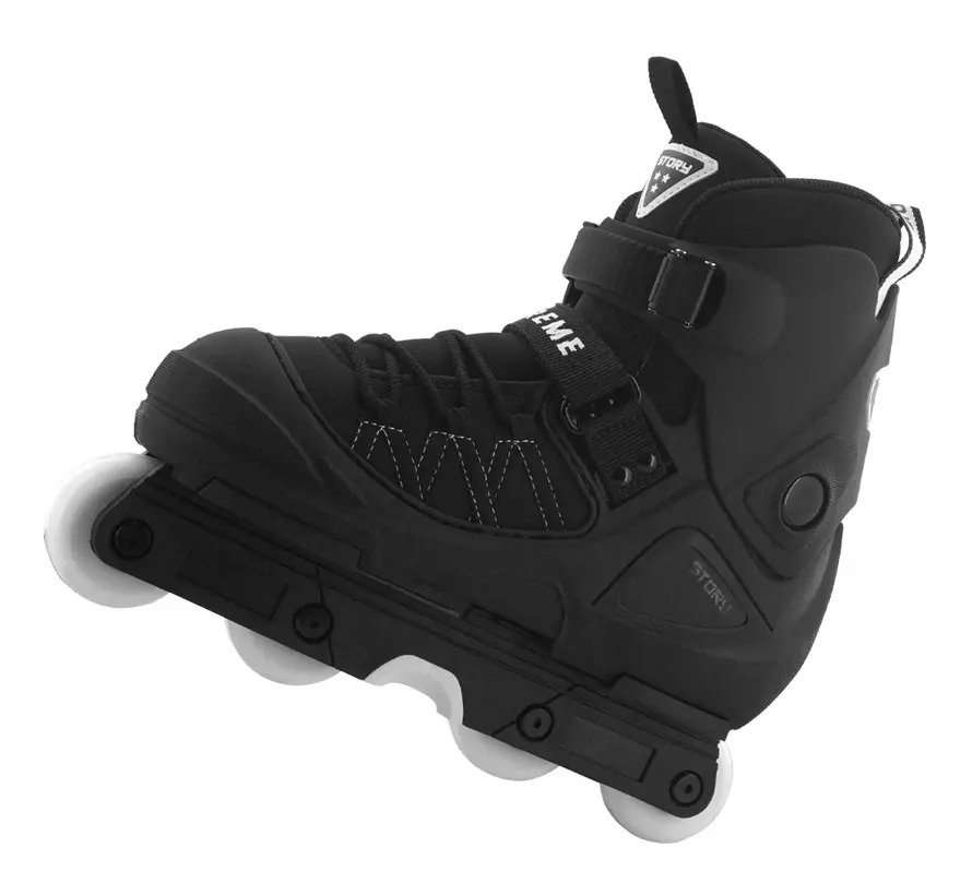 Patines en línea Story Aggressive negros: elegantes patines de acrobacias para principiantes con placa resistente al desgaste y marco de plástico.