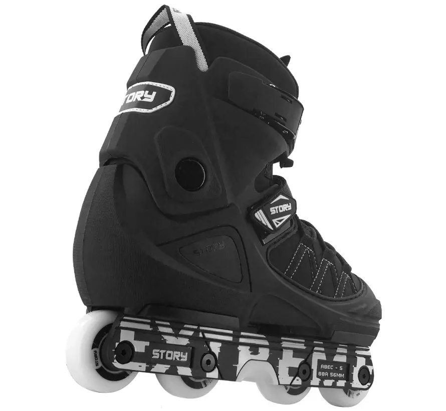 Patines en línea Story Aggressive negros: elegantes patines de acrobacias para principiantes con placa resistente al desgaste y marco de plástico.