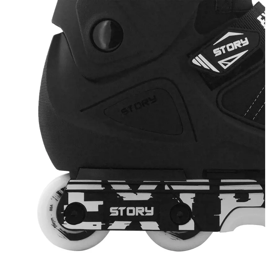 Patines en línea Story Aggressive negros: elegantes patines de acrobacias para principiantes con placa resistente al desgaste y marco de plástico.