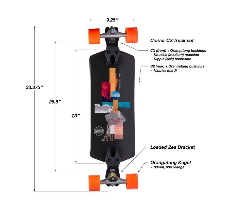Loaded Fathom Surfskate 33″ – Double-drop Distance Surfskate met Zee Bracket & Orangatang Kegel wielen