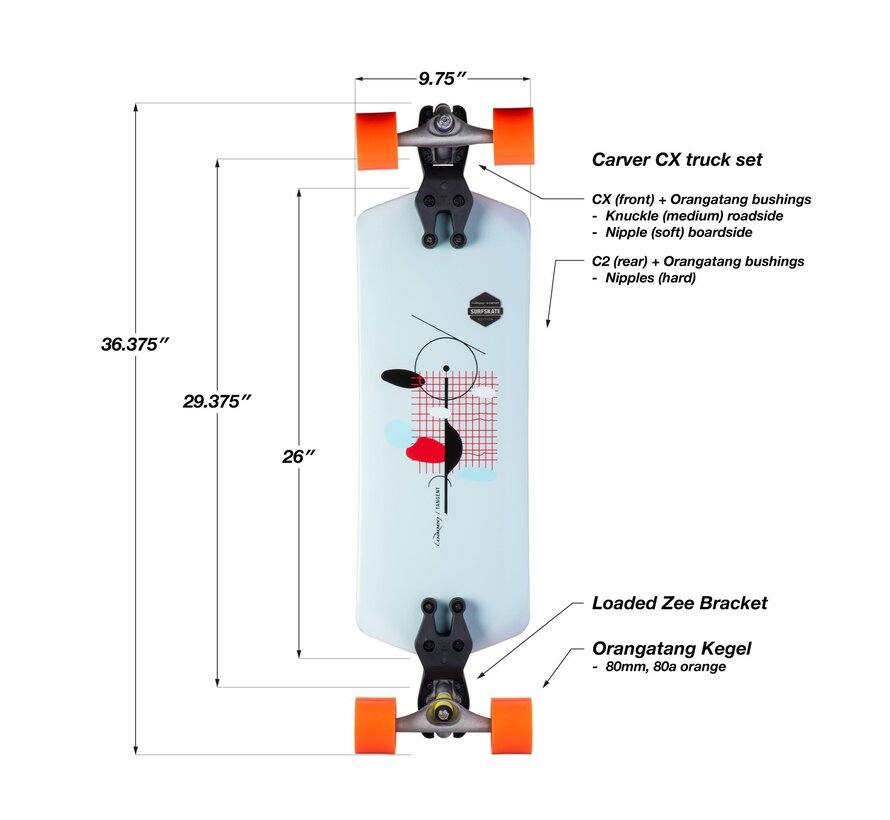 Surfskate Loaded Tangent 36″ – Support Zee à double chute, Carver CX/C2 et cônes Orangatang de 80 mm