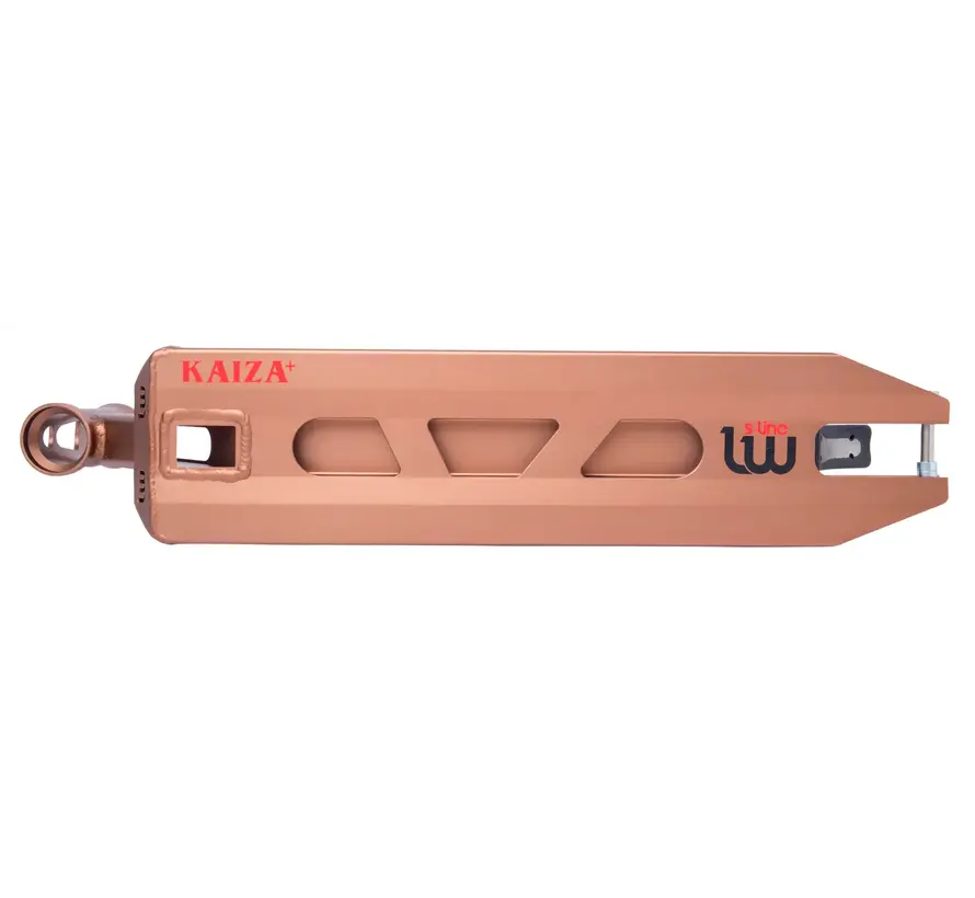 Longway Kaiza+ Deck Copper: base para patinete acrobático de aluminio ligero de 48 cm × 11,4 cm con corte de clavijas y freno flexible.