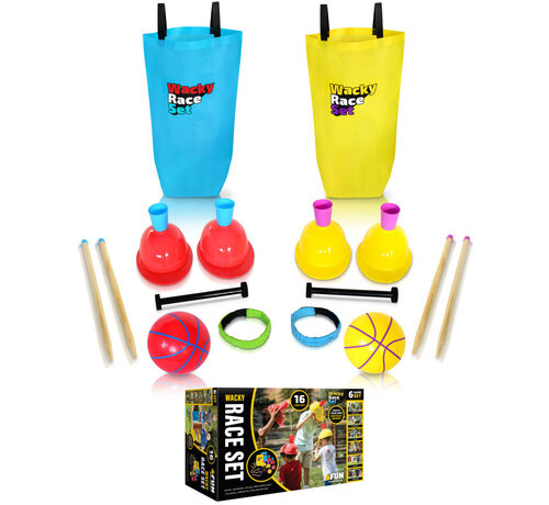 4FUN Zestaw 4FUN Wacky Race Obstacle Course Set – rodzinny wyścig z 6 zabawnymi wyzwaniami, w tym z workiem chmielowym i kaskiem wodnym