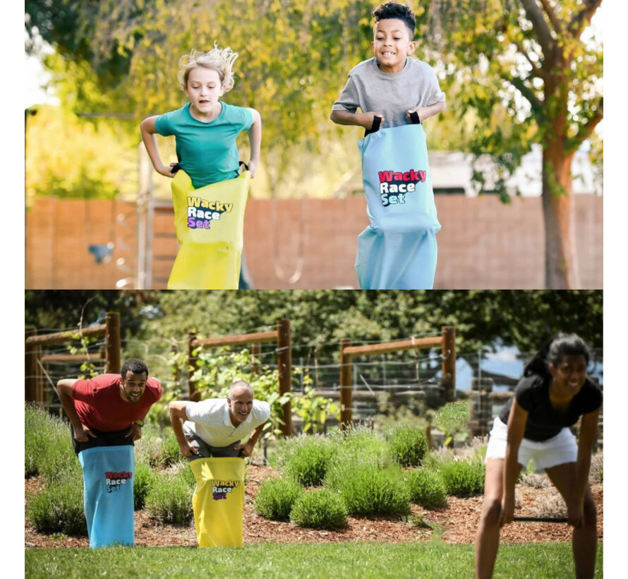 Set di percorsi a ostacoli 4FUN Wacky Race: gara per famiglie con 6 sfide divertenti, tra cui un sacco da salto e un casco d'acqua