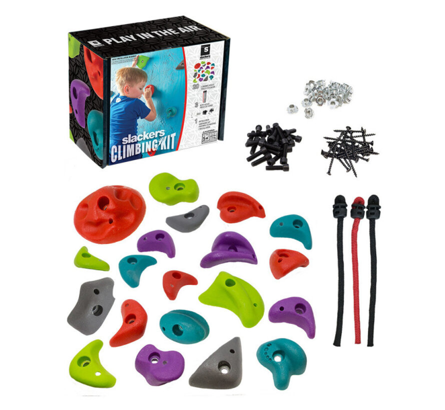 Kit da arrampicata Slacker Rock da 20 pezzi: include 20 prese da arrampicata, 3 corde da arrampicata e un attacco per uso interno ed esterno
