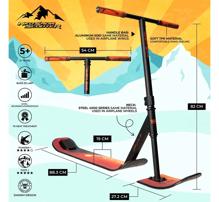 Patinete de nieve NKD rojo/negro de 82 cm, de alto rendimiento, para acrobacias y diversión de deslizamiento.