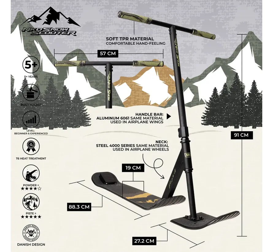 NKD Snow Stuntstep Noir Vert 91 cm – Trottinette des neiges robuste avec rotation à 360°