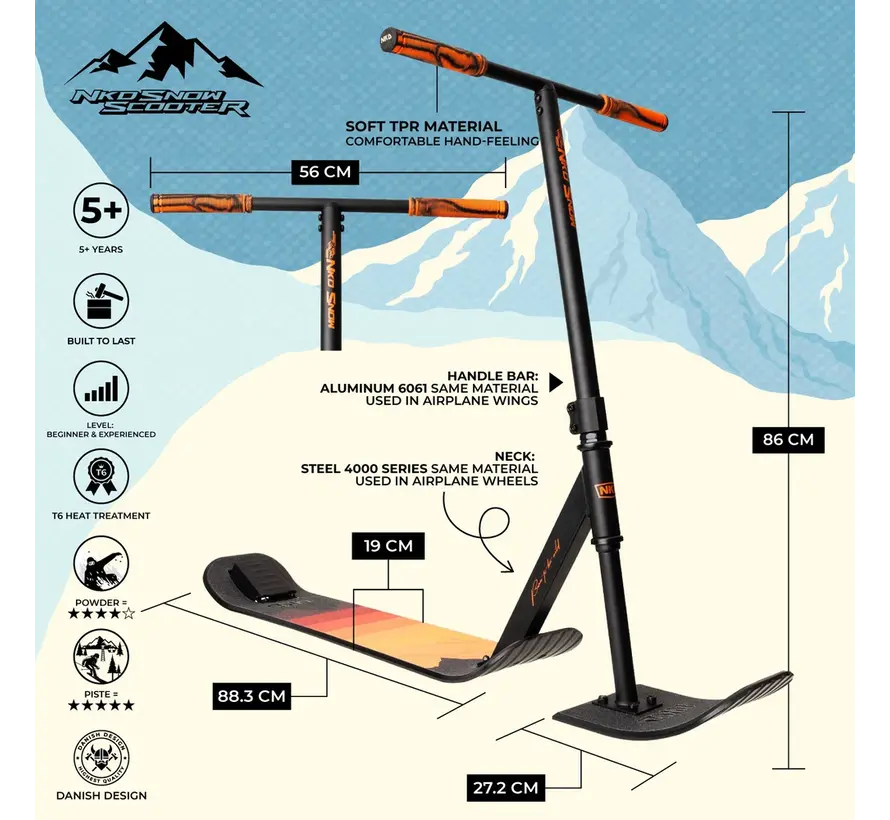 Hulajnoga śnieżna NKD Snow Stunt Scooter, czarno-pomarańczowa, 86 cm – solidna hulajnoga śnieżna z obrotem 360°. Zimowa zabawa!