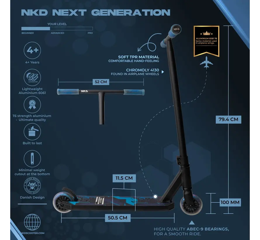 Trottinette acrobatique NKD Next Generation Noir/Bleu avec guidon en T