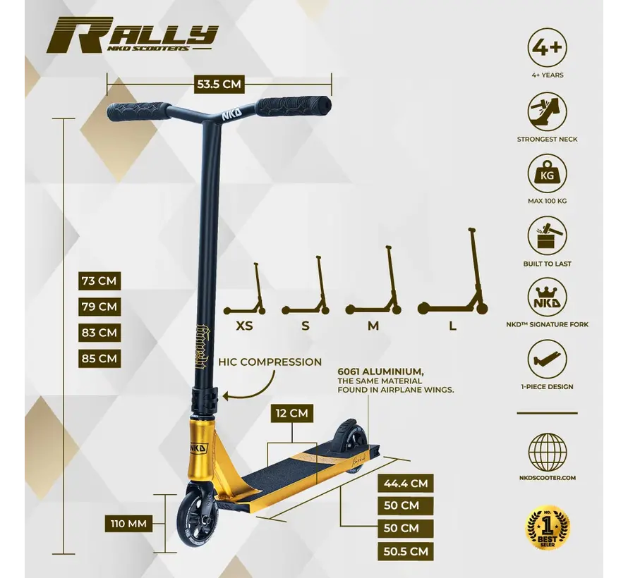 Trottinette acrobatique NKD Rally V2 Gold 73 cm – Pour les jeunes cascadeurs
