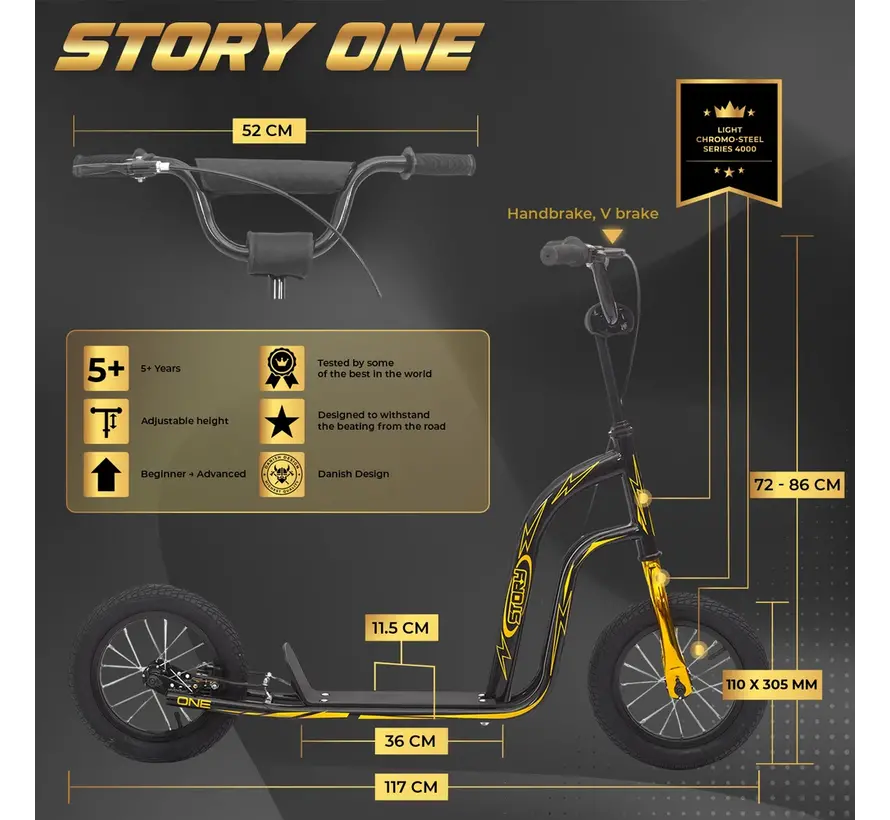 Story One Air Airstep with large wheels. Black/Gold