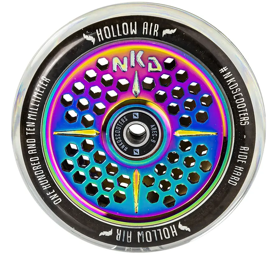 Koło do hulajnogi wyczynowej NKD Hollow Air 120 mm – tęczowe, aluminiowe z pustym rdzeniem
