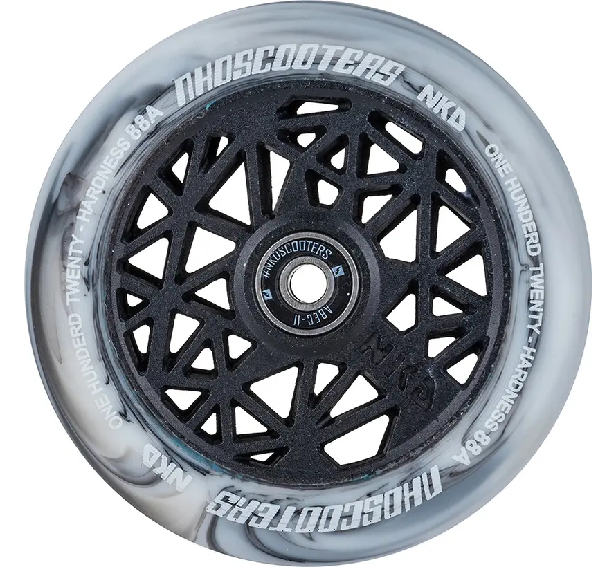 Ruota monopattino stunt NKD Black Widow da 120 mm – Alluminio a nucleo cavo bianco/nero