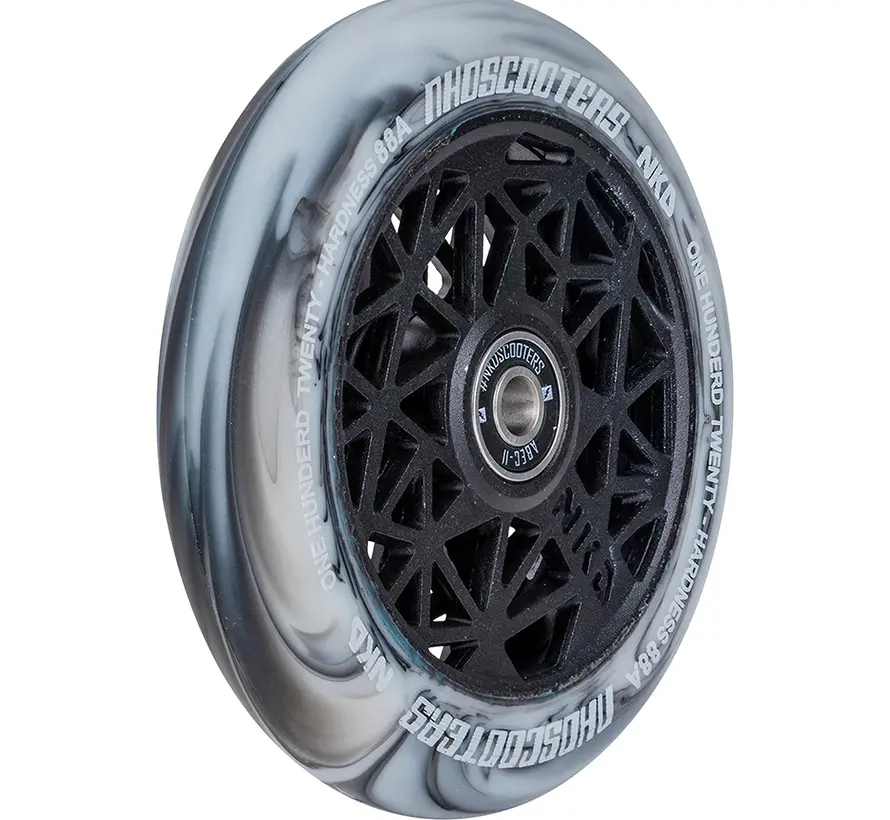 Koło do hulajnogi wyczynowej NKD Black Widow 120 mm – białe/czarne, aluminiowe z pustym rdzeniem