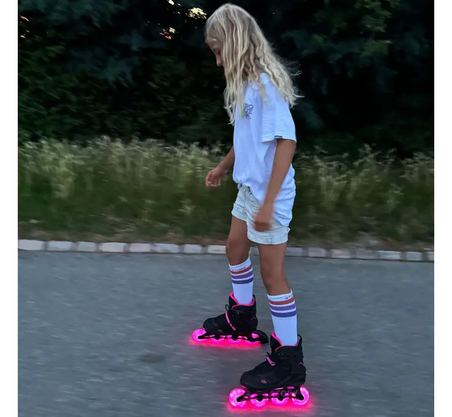 Patins à roues alignées réglables Story Fusion à LED roses – 4 tailles réglables, coque en maille et roulements ABEC-7