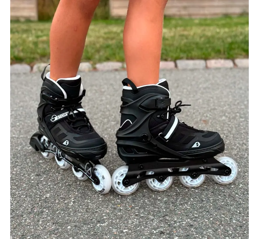 Story Fusion Adjustable Inline Skates – Black LED | 4 Size System & Mesh Boot