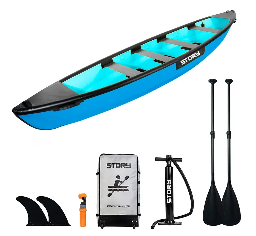 Canoë gonflable Story bleu pour 4 personnes | Pompe double incluse, pression maximale de 10 psi