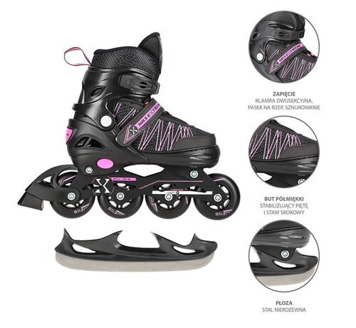 Nils Patins à roues alignées/à glace 2 en 1 Nils Extreme NH11912 Noir/Rose Patins à glace et à vitesse réglables