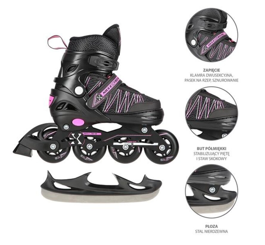 Patins à roues alignées/à glace 2 en 1 Nils Extreme NH11912 Noir/Rose Patins à glace et à vitesse réglables