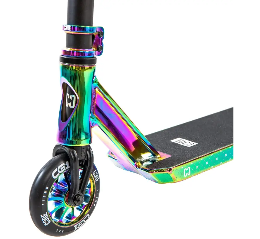 Trottinette acrobatique Core CG1 noire/néochrome, roues de 110 mm, roulements ABEC 9 et plateau en aluminium