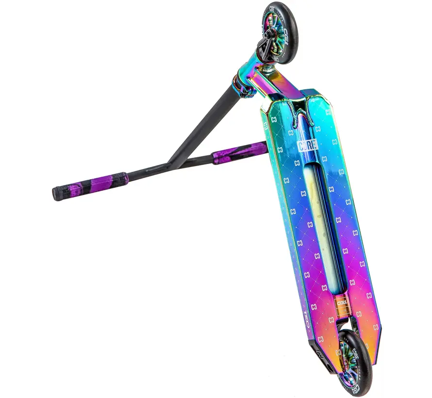 Trottinette acrobatique Core CG1 noire/néochrome, roues de 110 mm, roulements ABEC 9 et plateau en aluminium