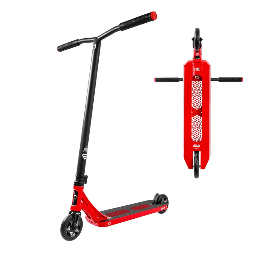 Patinete acrobático completo Core SL3 con base de aluminio forjado rojo, ruedas ventiladas de 110 mm y rodamientos ABEC 9