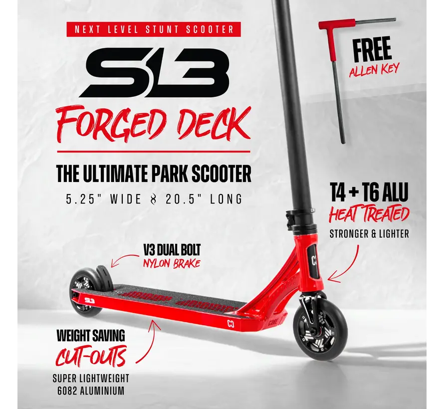 Hulajnoga wyczynowa Core SL3 Complete Stunt Scooter z czerwoną kutą aluminiową platformą, kołami wentylacyjnymi 110 mm i łożyskami ABEC 9