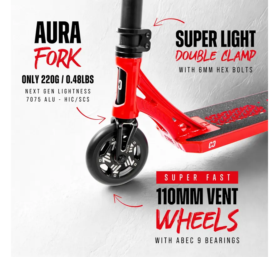 Monopattino Stunt completo Core SL3 con pedana in alluminio forgiato rosso, ruote ventilate da 110 mm e cuscinetti ABEC 9