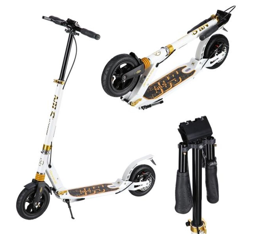 Nils Extreme HM209T Faltroller Weiß/Gold 200 mm Luftreifen, Scheiben- & Fußbremsen, Dämpfung & faltbares Design
