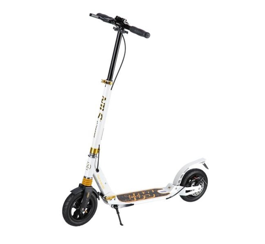 Hulajnoga składana Nils Extreme HM209T, biało-złota, 200 mm, opony pneumatyczne, hamulce tarczowe i nożne, amortyzacja i składana konstrukcja