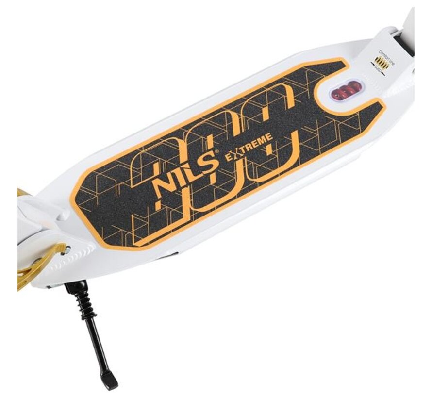 Hulajnoga składana Nils Extreme HM209T, biało-złota, 200 mm, opony pneumatyczne, hamulce tarczowe i nożne, amortyzacja i składana konstrukcja