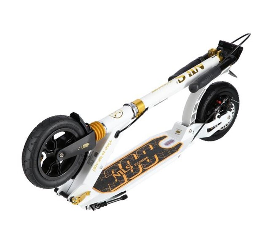 Nils Extreme HM209T Faltroller Weiß/Gold 200 mm Luftreifen, Scheiben- & Fußbremsen, Dämpfung & faltbares Design