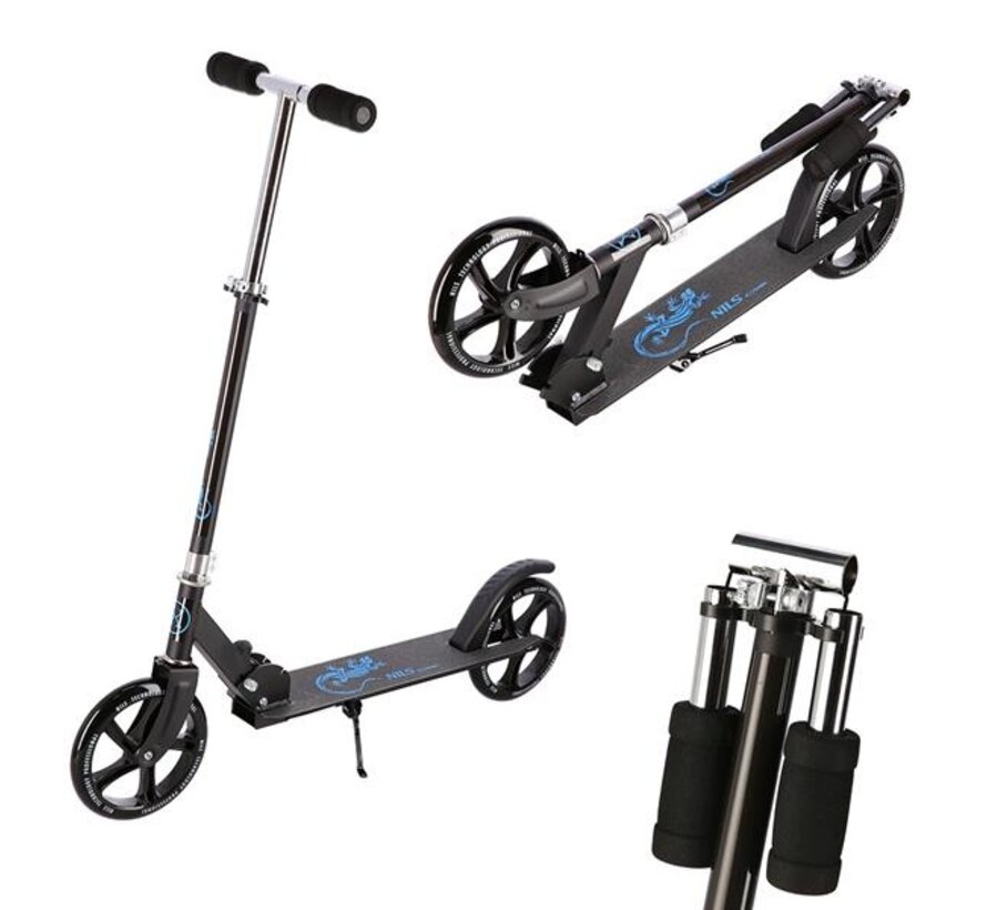 Patinete plegable Nils Extreme HM603 azul con ruedas de 200 mm, cuadro de aluminio plegable y manillar ajustable.