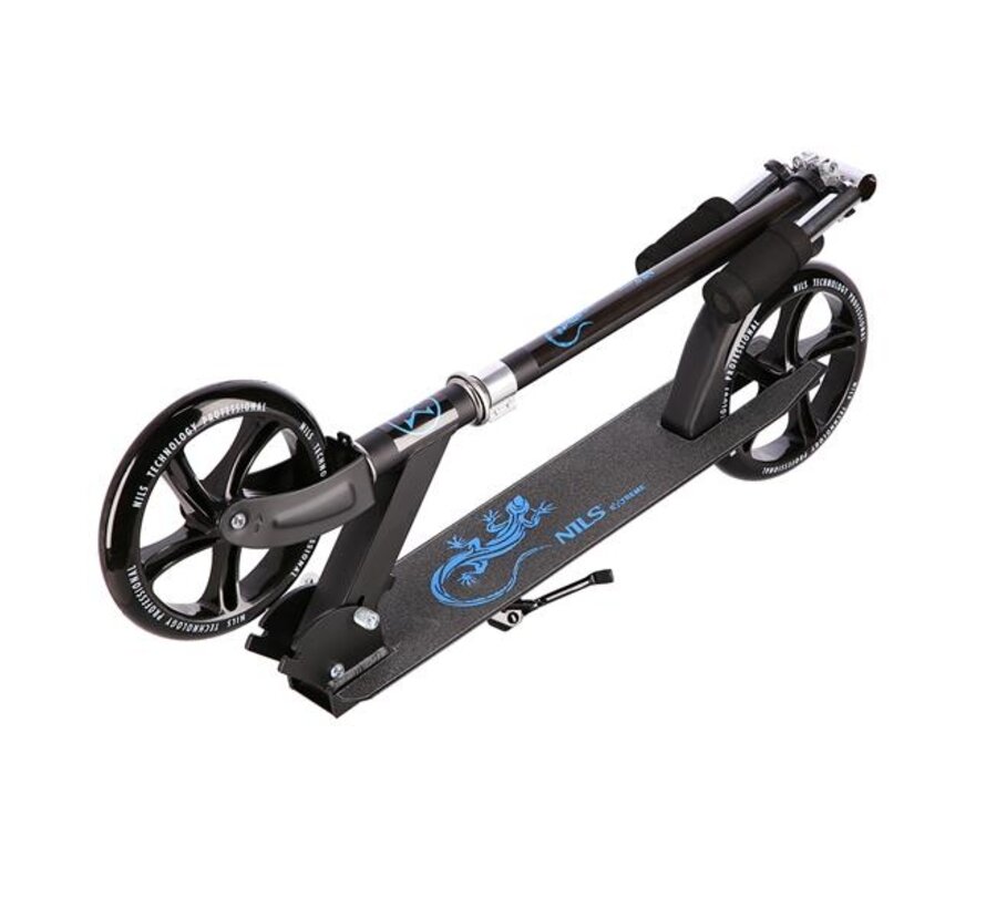 Patinete plegable Nils Extreme HM603 azul con ruedas de 200 mm, cuadro de aluminio plegable y manillar ajustable.