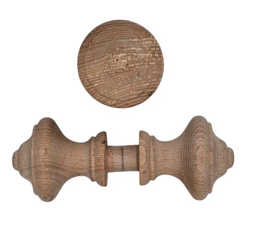 Zestaw 2 drewnianych gałek meblowych i ozdób – drewno bukowe – klasyczny design – Ø7,5 cm – do szafek, szuflad i dekoracji mebli – nieobrobione drewno