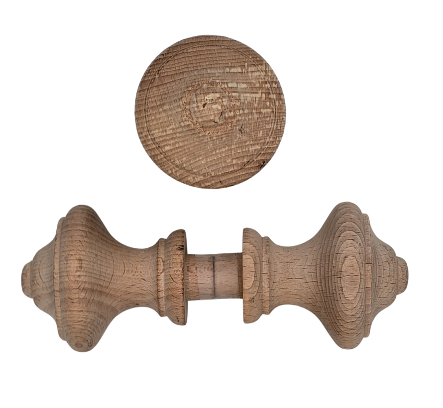 Juego de 2 pomos y adornos de madera para muebles – Madera de haya – Diseño clásico – Ø7,5 cm – Para armarios, cajones y decoración de muebles – Madera sin tratar