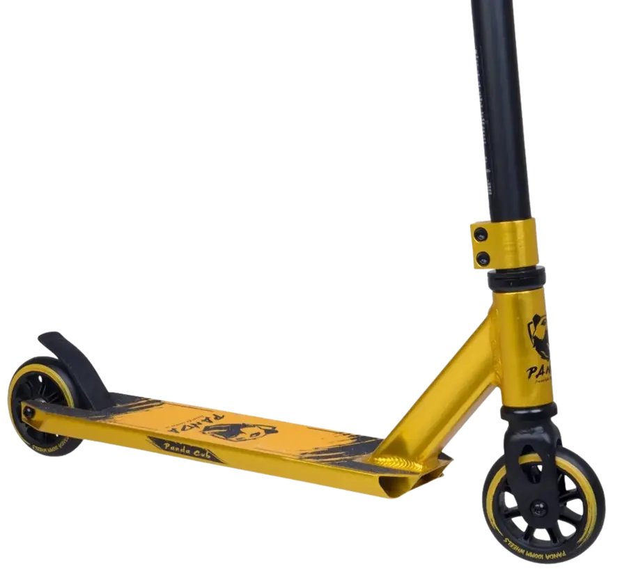 Trottinette freestyle Panda Initio v2 Gold Deck, légère et idéale pour les débutants, avec roues de 110 mm, guidon en acier et compression IHC.