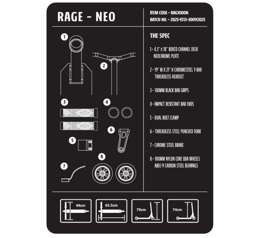 Monopattino freestyle Rage by Slamm Stunt Scooter NEO completo con ruote con anima in nylon da 100 mm, pedana in alluminio e freno in acciaio cromato