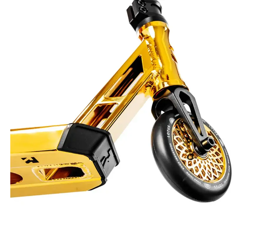 Trottinette freestyle haut de gamme Root Type R GT Gold avec roues Honeycore de 120 mm, plateau en aluminium et compression IHC