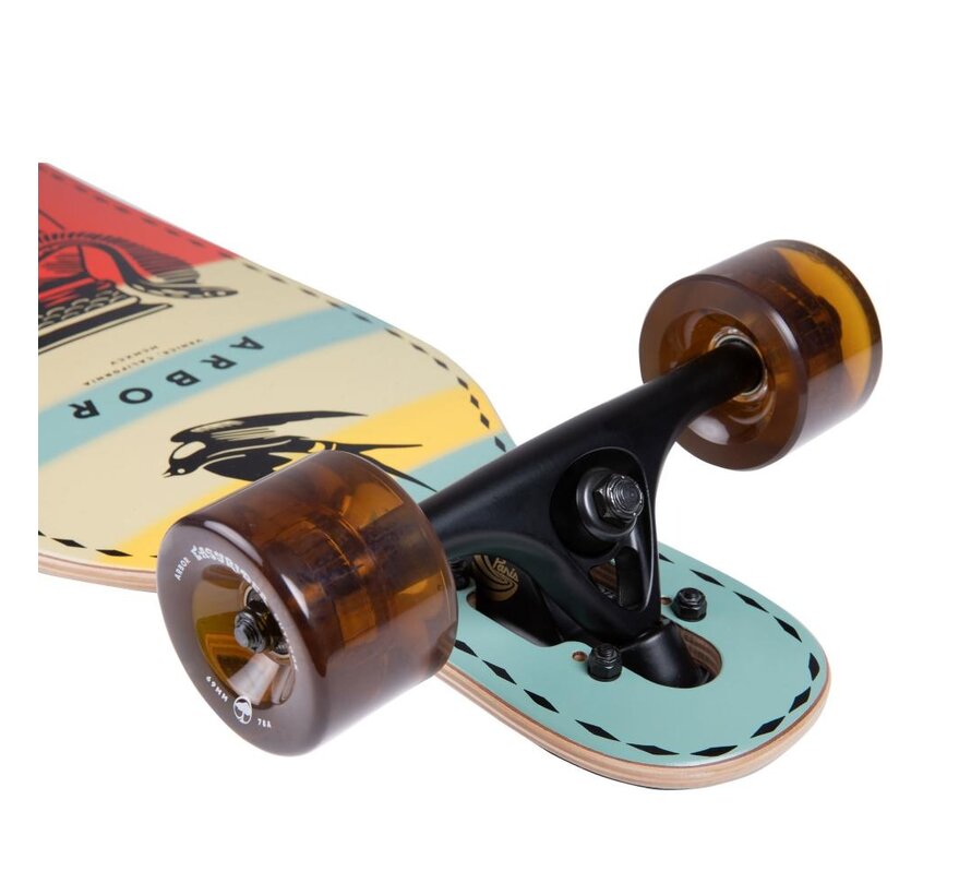Longboard Arbor Drop Through Jess Mudgett Axis 37, cruiser polyvalent avec plateau Drop-Through, configuration de carving fluide et design haut de gamme
