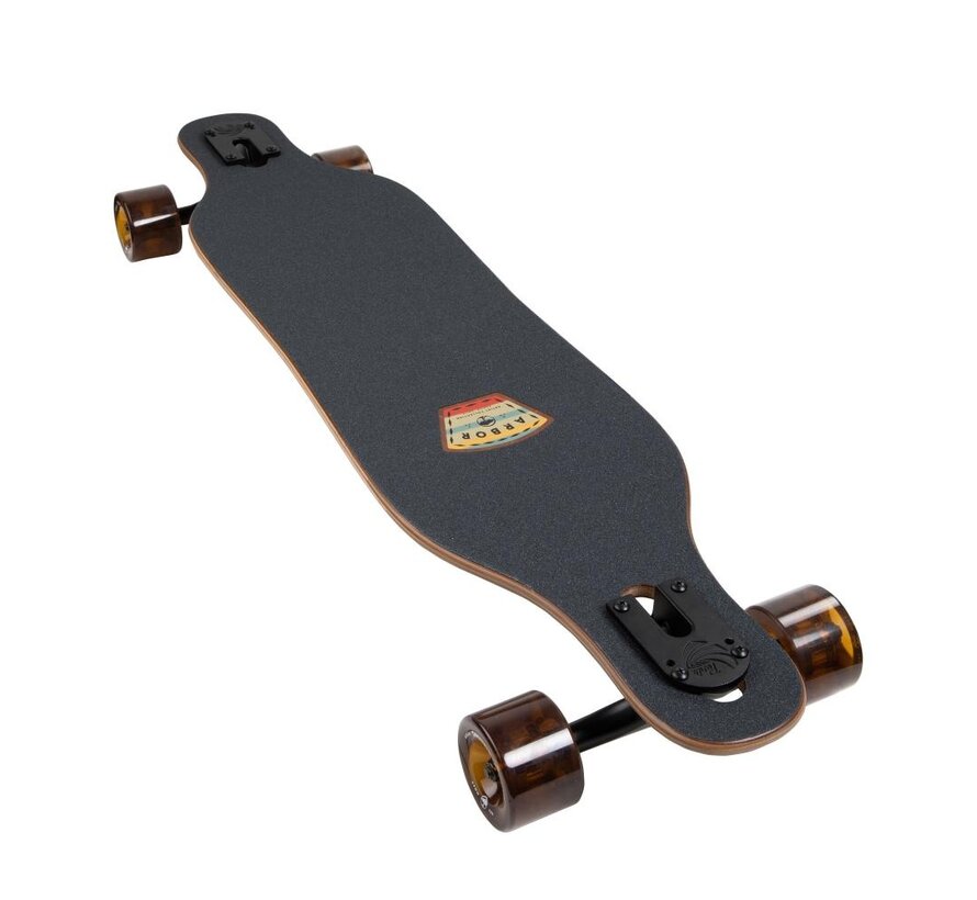 Longboard Arbor Drop Through Jess Mudgett Axis 37, cruiser polyvalent avec plateau Drop-Through, configuration de carving fluide et design haut de gamme
