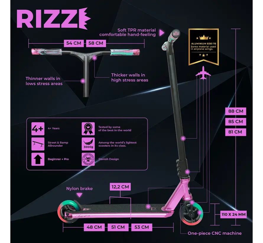 NKD Rizz Stuntstep – Licht, sterk & compleet voor beginners en gevorderden – 110mm wielen & aluminium 6061-T6 deck