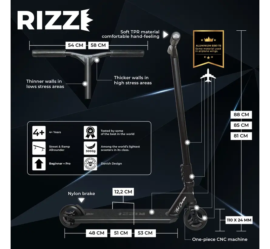 Patinete acrobático NKD Rizz: ligero, resistente y completo para principiantes y avanzados. Ruedas de 110 mm y base de aluminio 6061-T6.