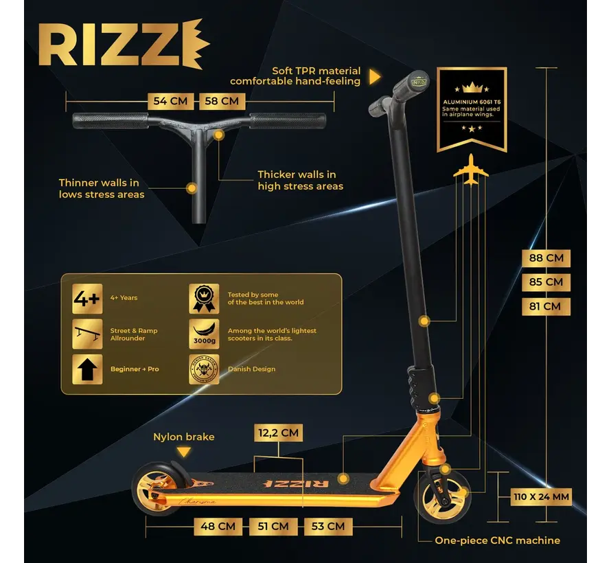 Monopattino Stunt NKD Rizz – Leggero, resistente e completo per principianti e ciclisti avanzati – Ruote da 110 mm e deck in alluminio 6061-T6 - Copia - Copia