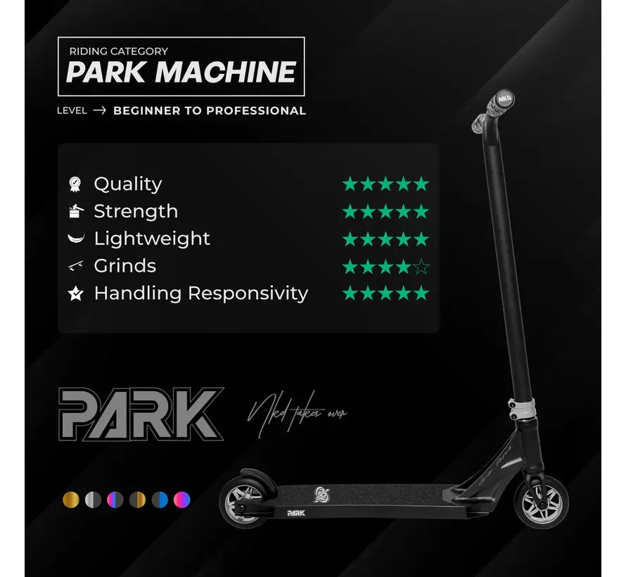 Patinete acrobático NKD Park: ligero, resistente y perfecto para trucos en el skate park.