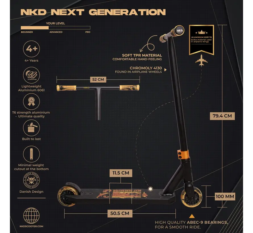 Trottinette freestyle NKD Next Generation Noir/Or avec guidon en T