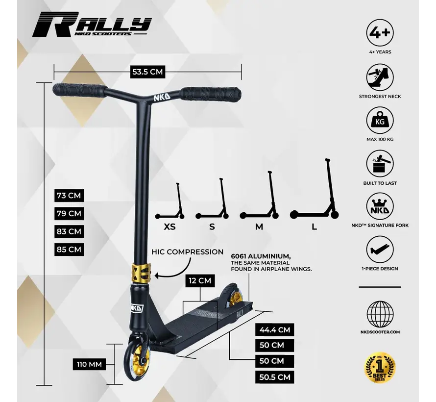 NKD Rally Nero/Oro V2 79cm - Monopattino Stunt Premium con ruote da 110mm e compressione HIC