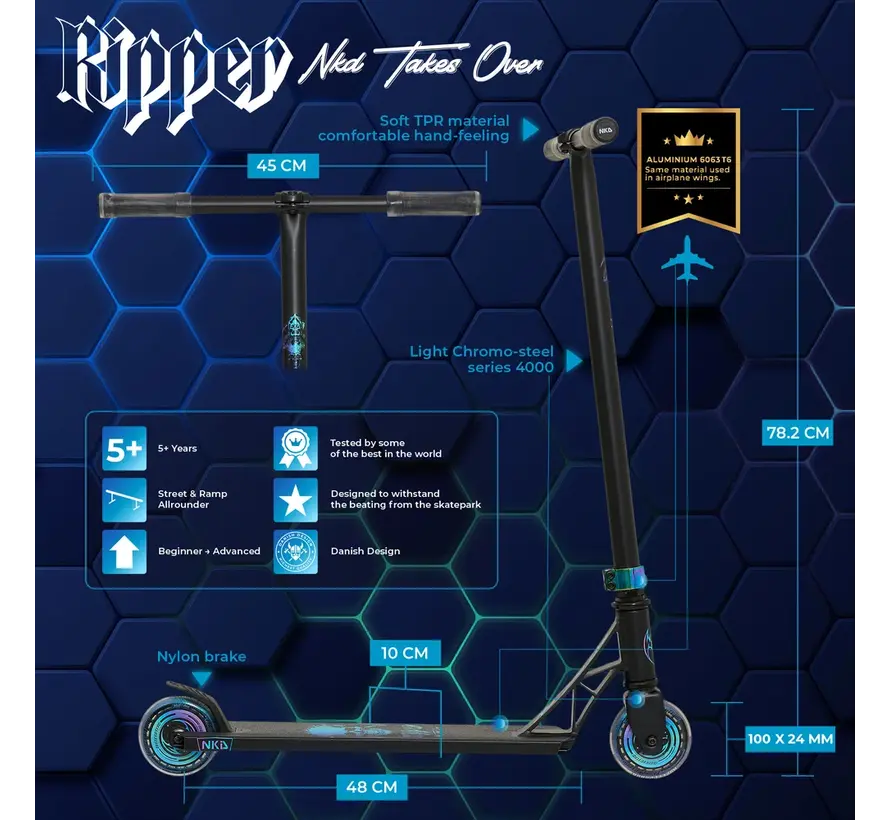 NKD Ripper Stunt-Scooter, schwarz/blau: Ein Stunt-Scooter mit markantem Design und stabilem Standfuß.
