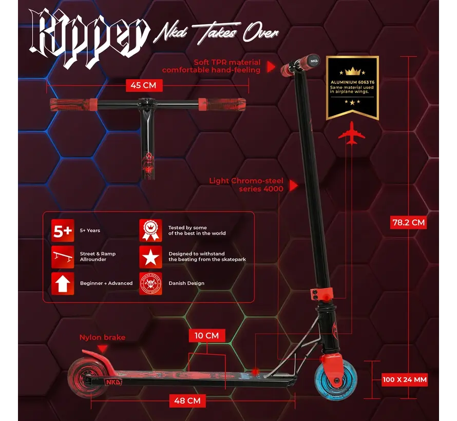Monopattino Stunt NKD Ripper Nero/Rosso con design accattivante e base stabile
